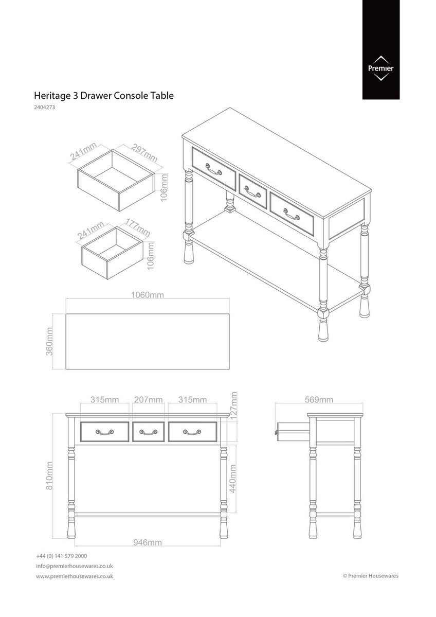 Heritage 3 Drawer Grey Putty Console Table