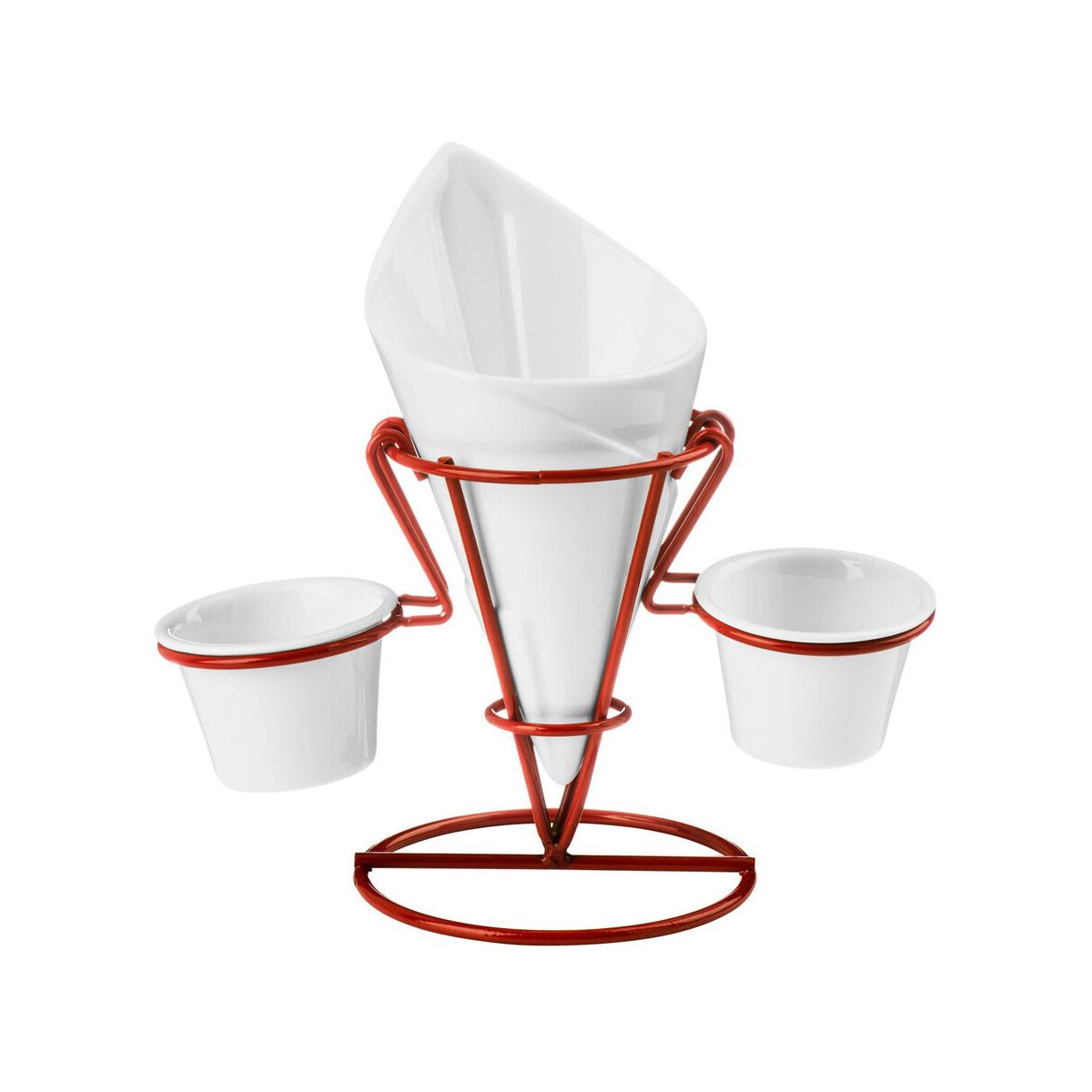 Red Metal French Fry Cone With 2 Dip Dishes