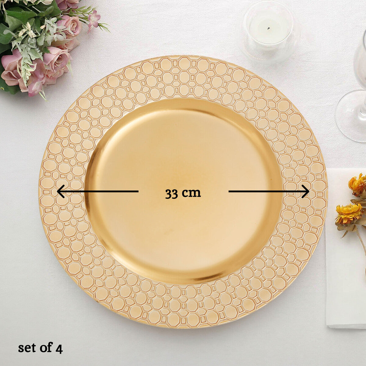 Set of Four 33cm Dia Gold Charger Plates with Octagon Pattern Rim