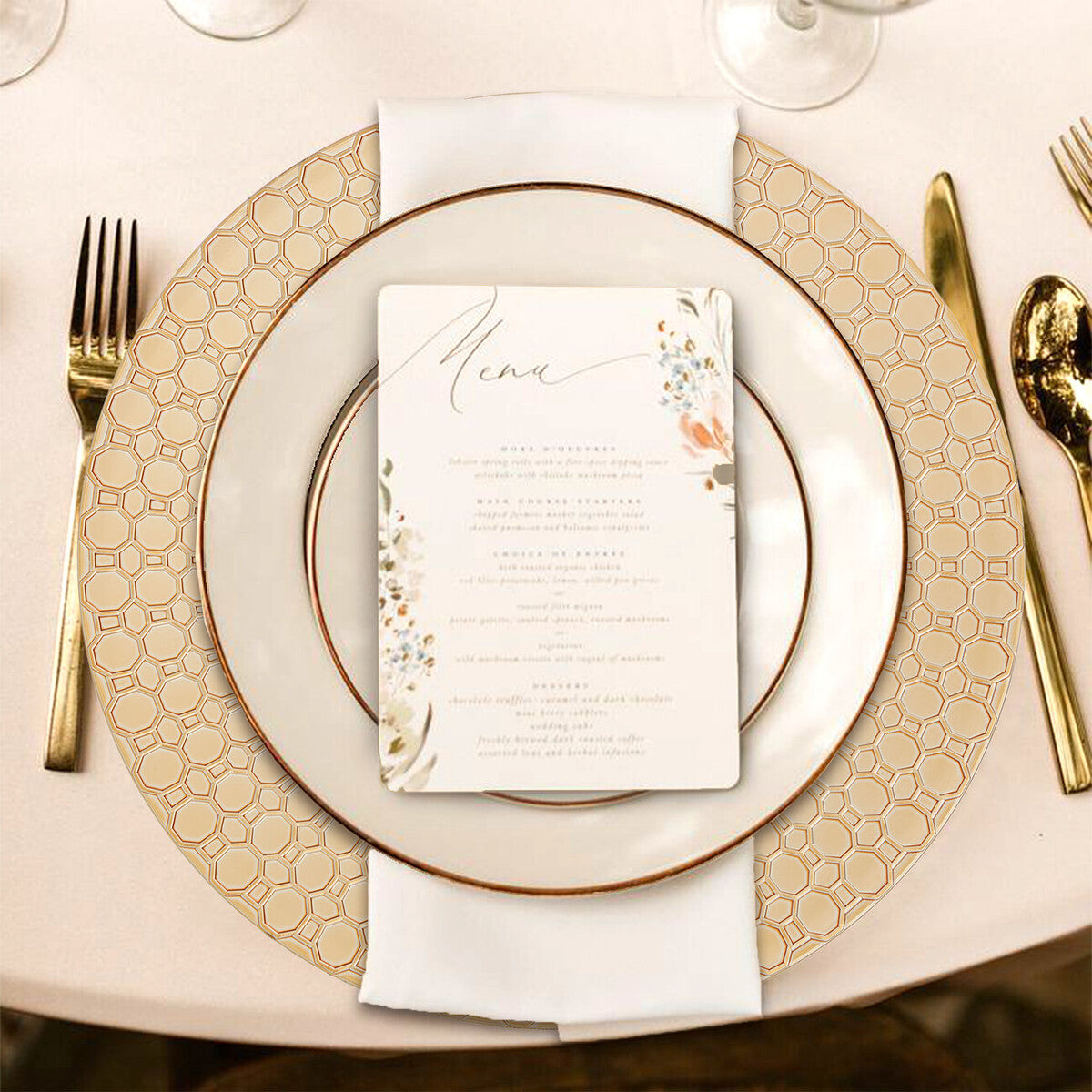 Set of Four 33cm Dia Gold Charger Plates with Octagon Pattern Rim