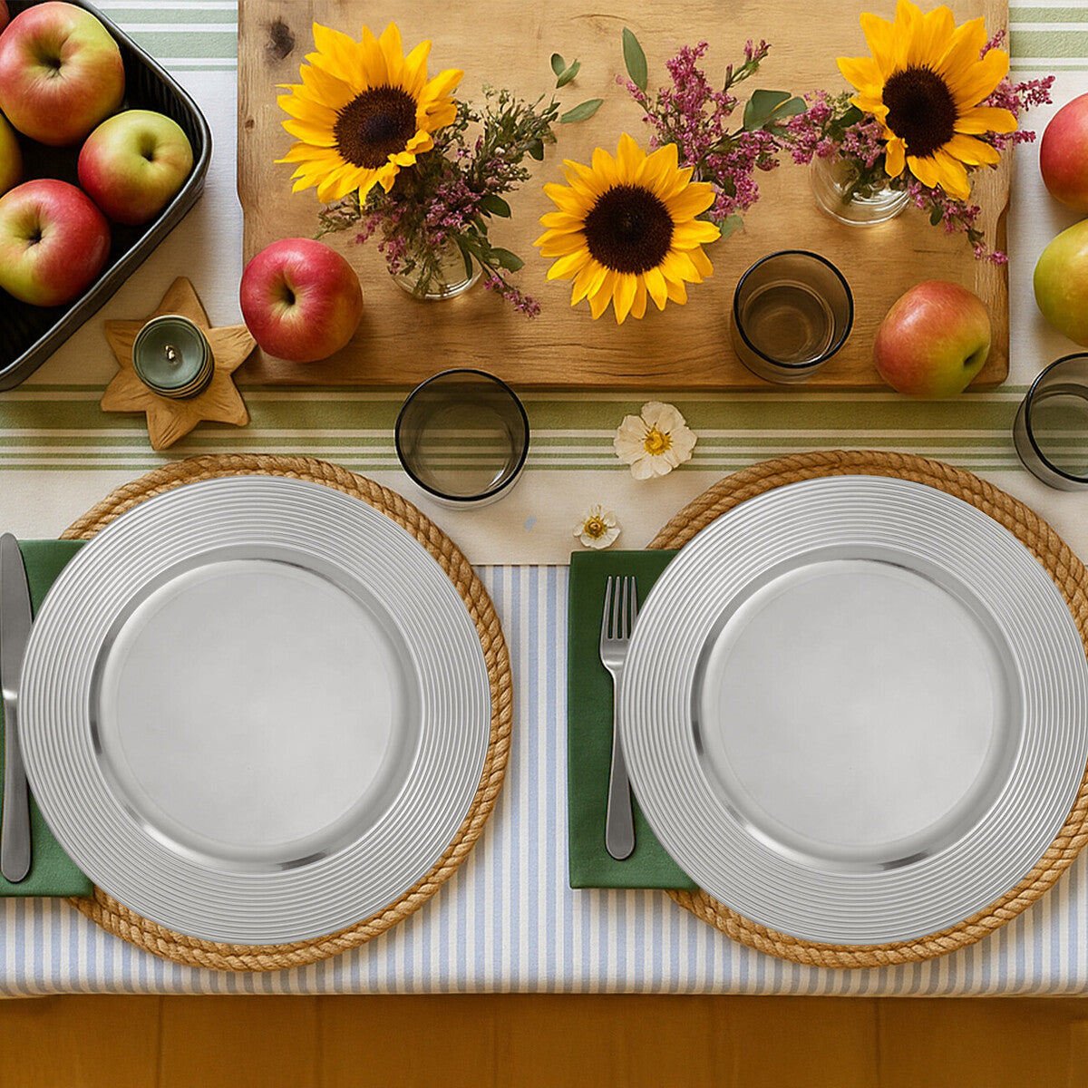 Set of Four 33cm Dia Silver Charger Plates with Ribbed Rims