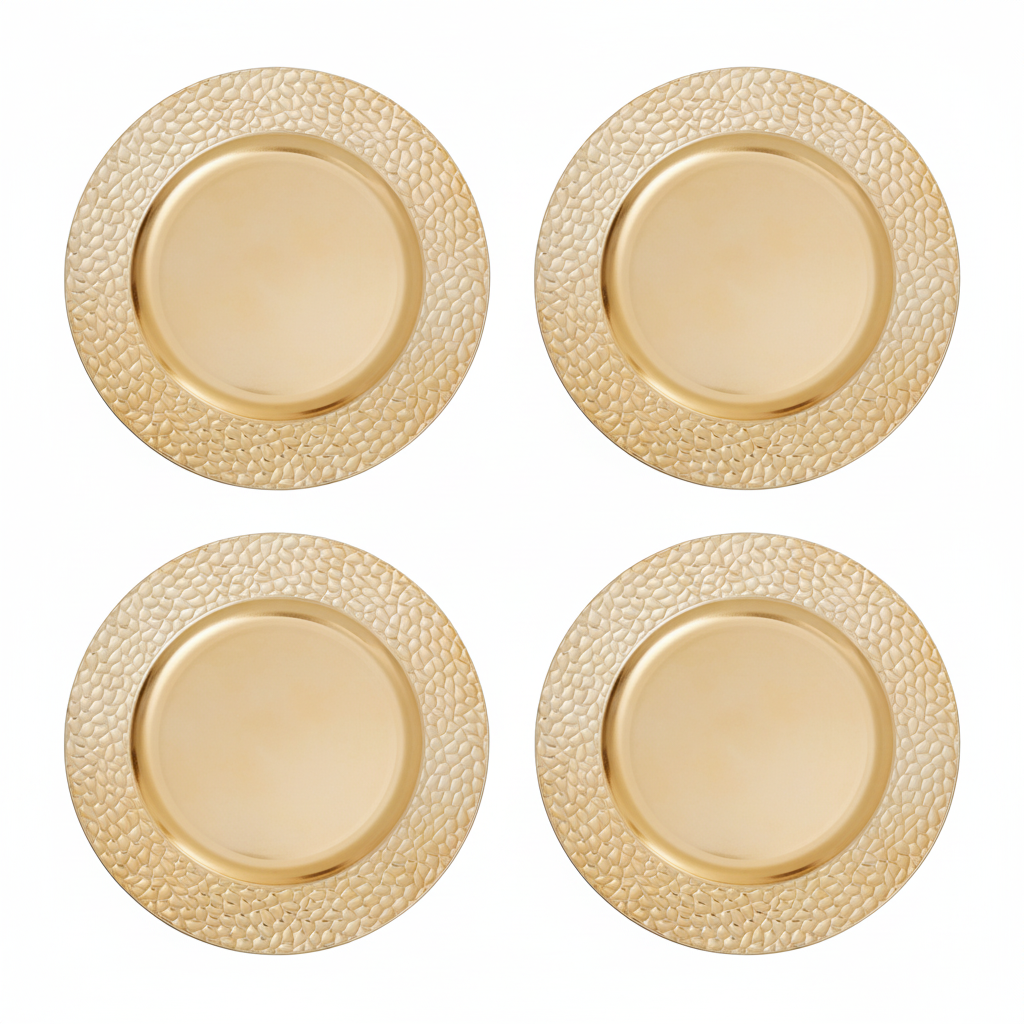 Set of Four 33cm Dia Gold Charger Plates with Hammered Rims