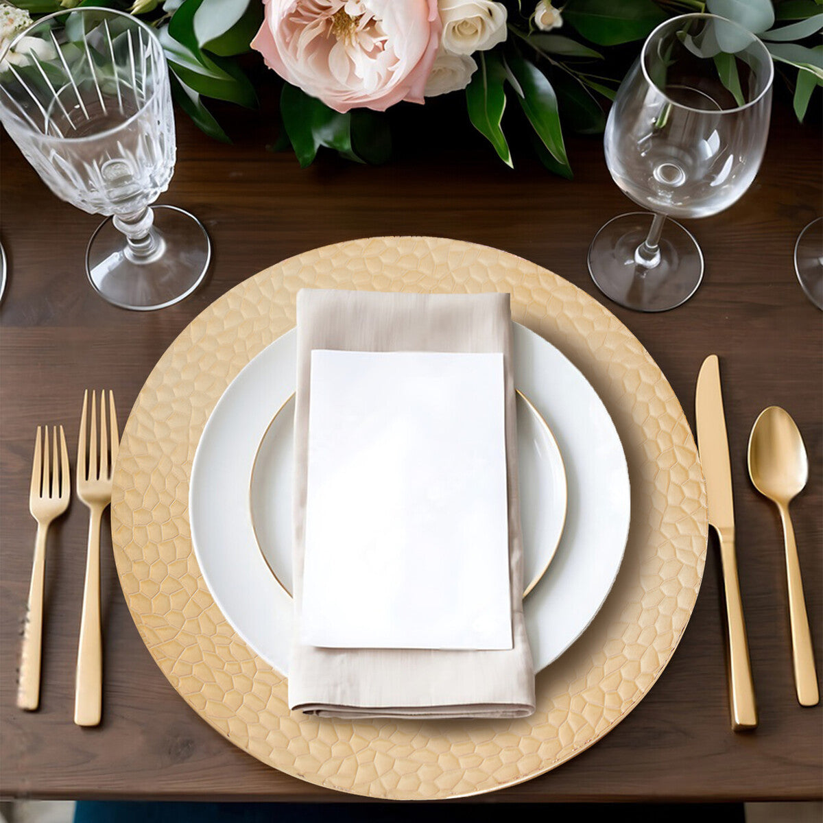 Set of Four 33cm Dia Gold Charger Plates with Hammered Rims