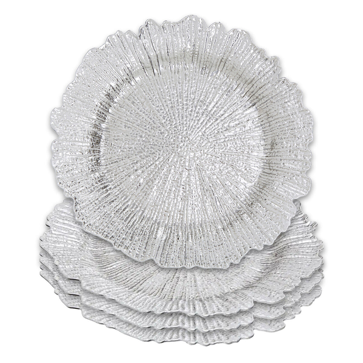 Set of Four 33cm Dia Silver Finish Reef Charger Plates
