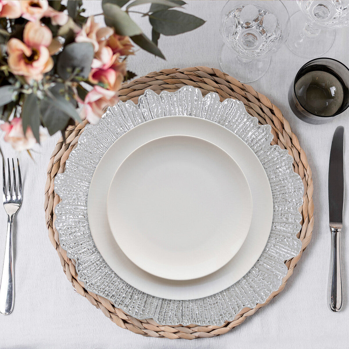 Set of Four 33cm Dia Silver Finish Reef Charger Plates