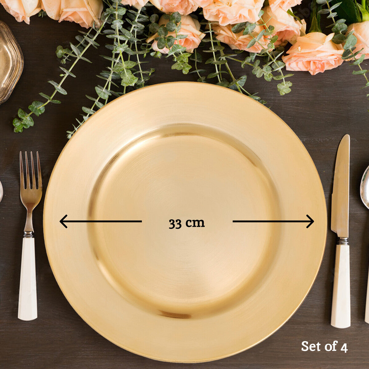 Set of Four 33cm Dia Gold Finish Flat Style Charger Plates