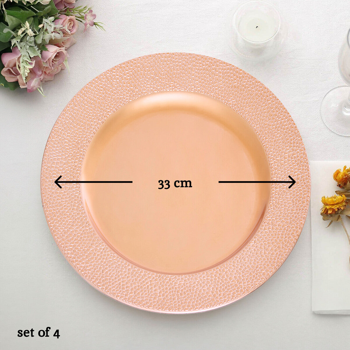 Set of Four 33cm Dia Rose Gold Pebble Effect Charger Plates