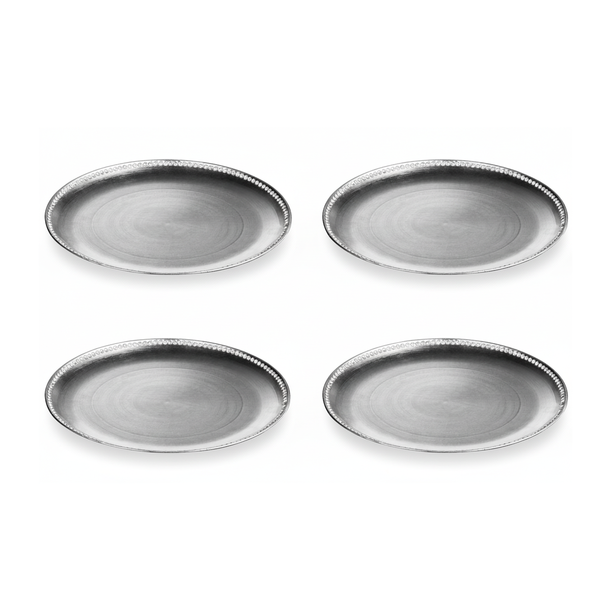 Set of Four 33cm Dia Flat Style Silver Decorative Charger Plates