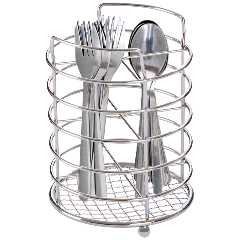 Silver wire utensil holder with cutlery on a white background