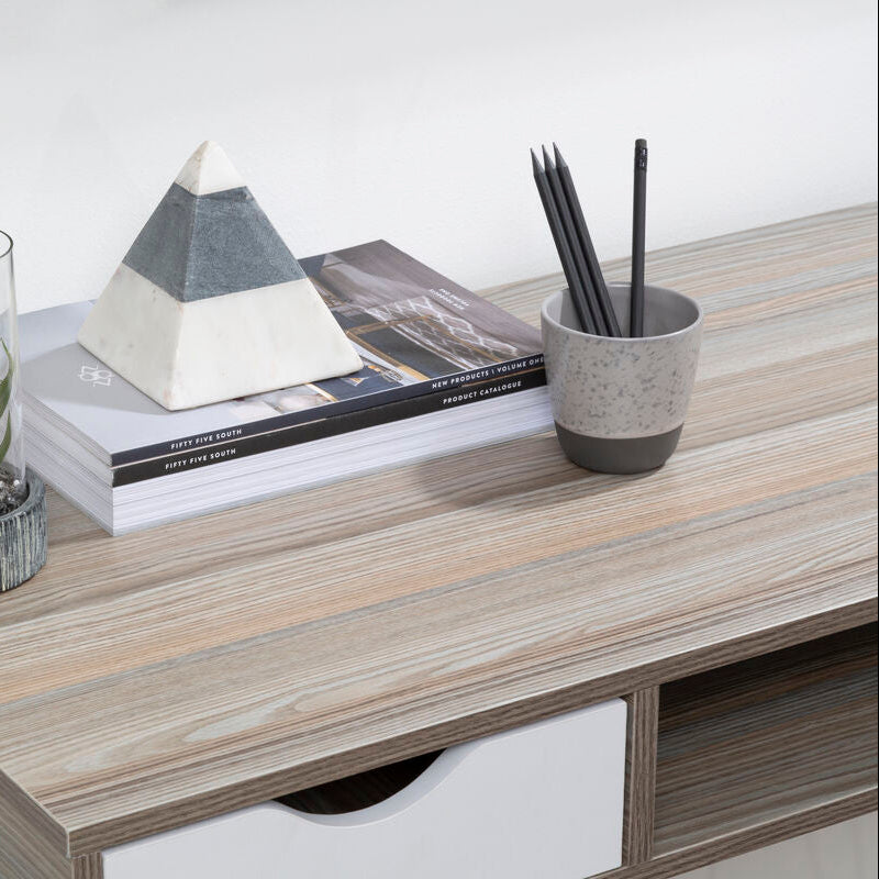 Wooden shelf with a plant, books, and decorative items on a white background