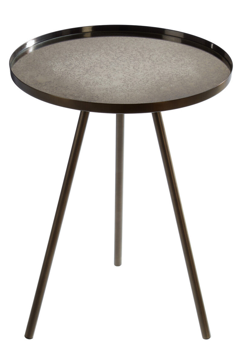 Black Finish Iron Metal Splayed Legs Side Table with Round Weathered Antique Glass Top, Corra
