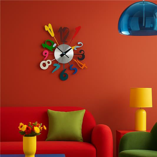 Colorful living room with a  decorative clock on an orange wall.