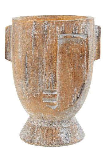 Wooden vase with a rustic finish on a white background