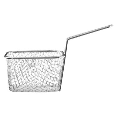 Metal mesh frying basket with handle on a white background