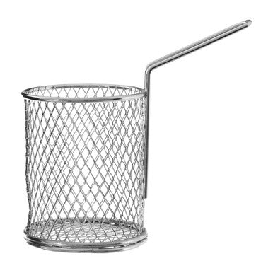 Metal mesh strainer with handle on a white background