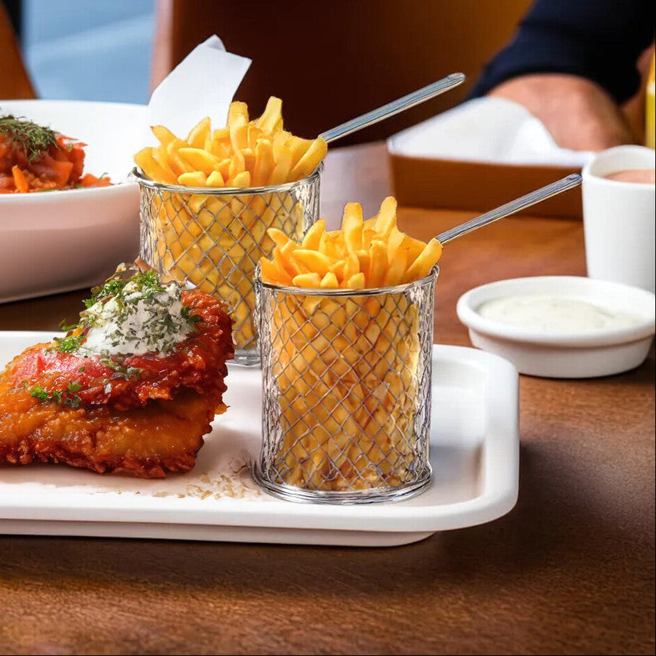 Dish with fried food and fries on a tray, with &