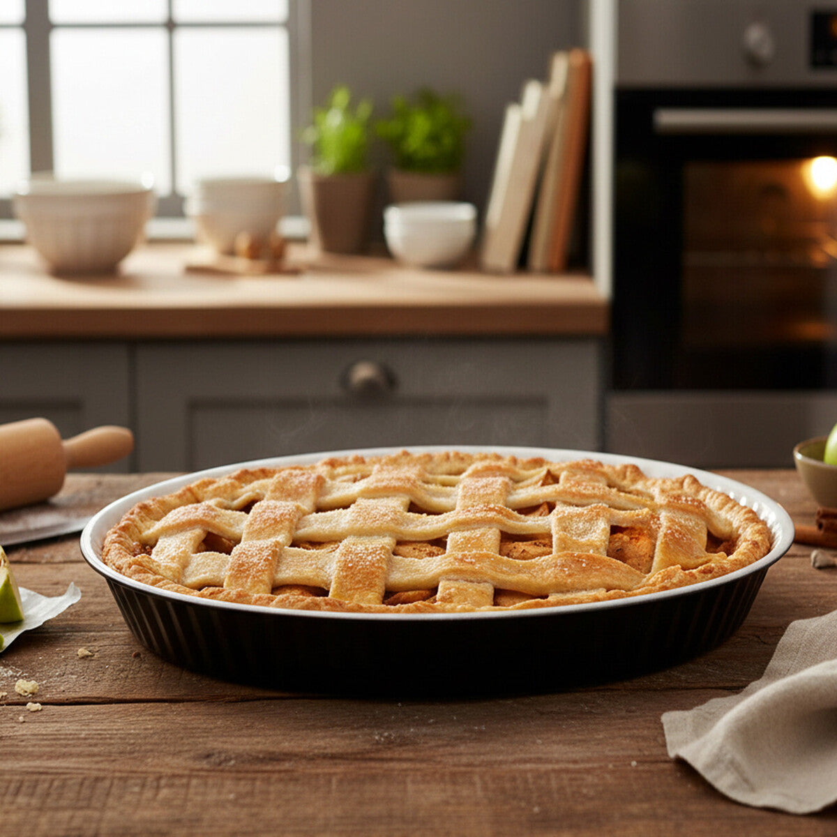 Apple pie in a baking dish on a wooden table with a kitchen background