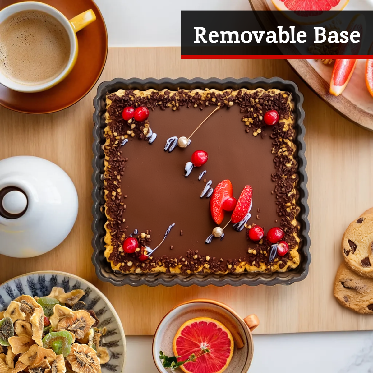 Chocolate cake with decorative elements on a wooden table with a cup of coffee and cookies.