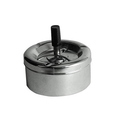 Metallic ashtray with a black handle on a white background