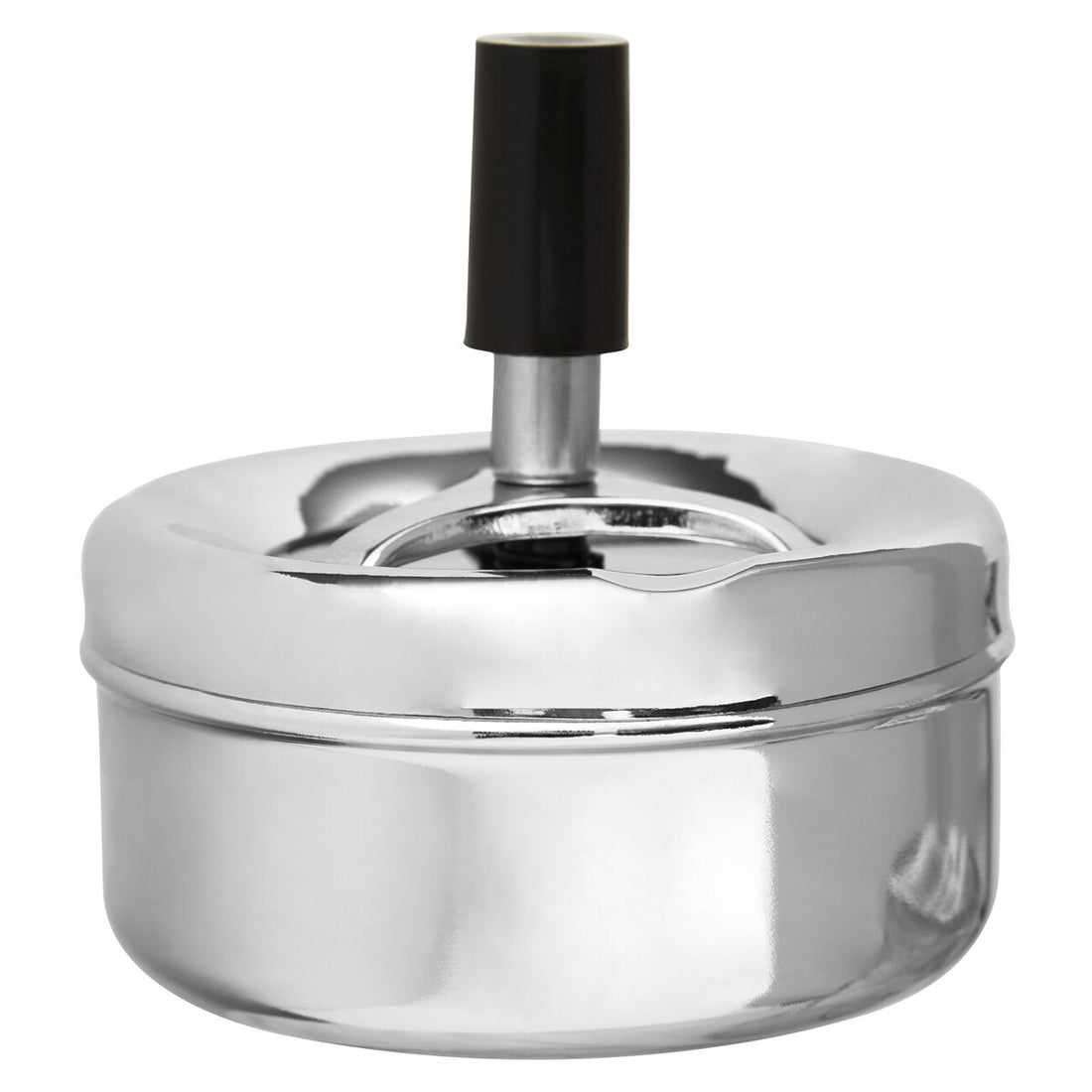 Silver metal ashtray with a black top on a white background