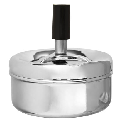 Silver metal ashtray with a black top on a white background