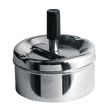 Round metal ashtray with a black handle on a white background