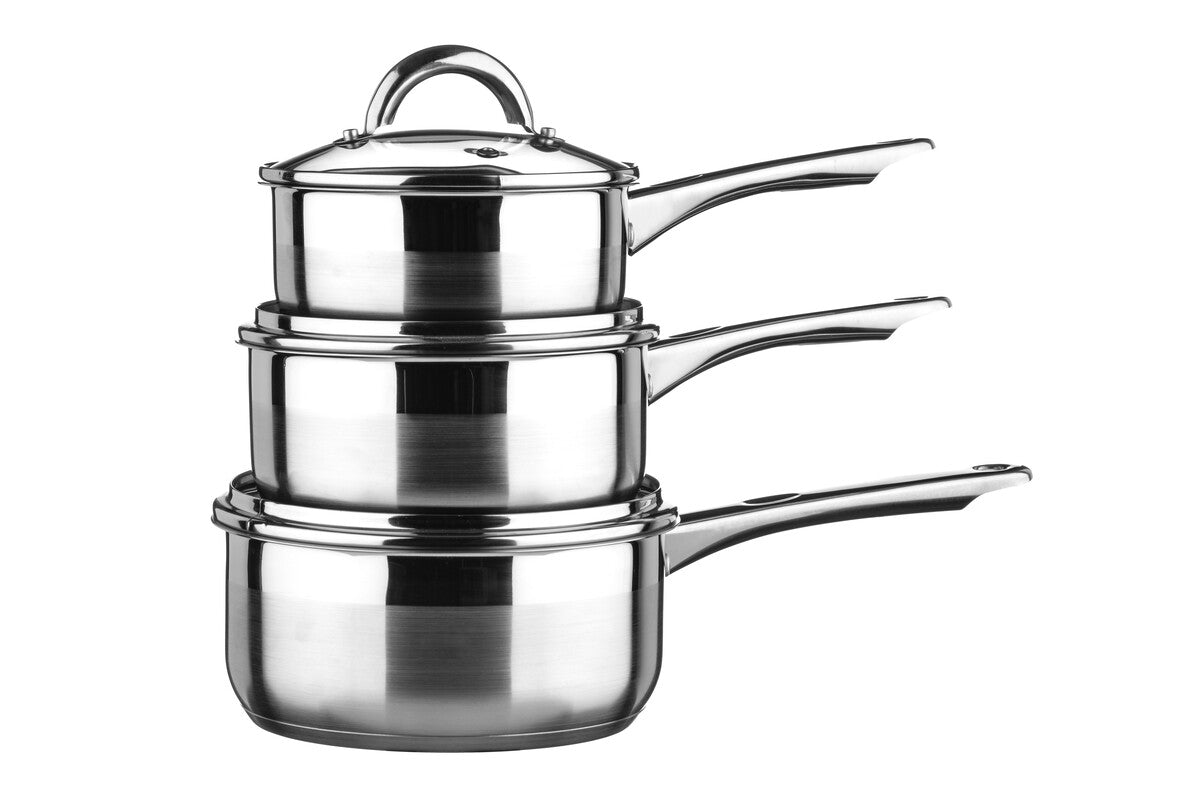 Set of three stainless steel pots with lids on a white background