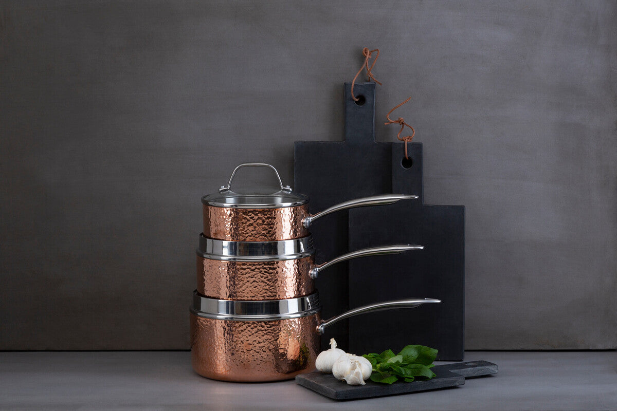 Small 16 Cm Hammered Copper Finish Saucepan with Lid | Minerva
