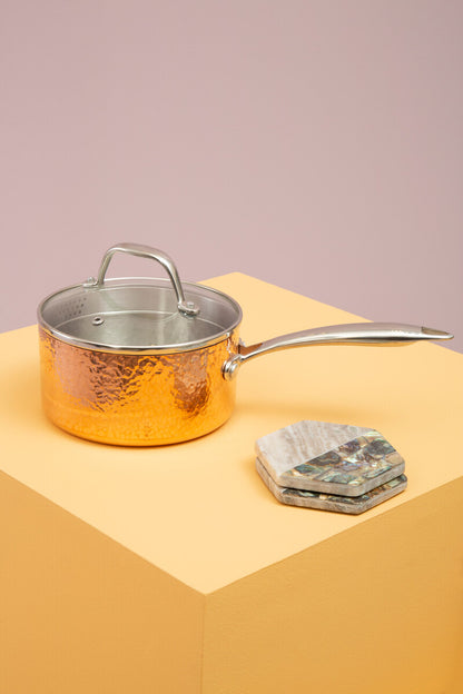 Small 16 Cm Hammered Copper Finish Saucepan with Lid | Minerva