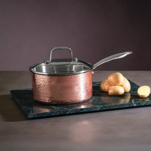 Medium 18 Cm Hammered Copper Finish Saucepan with Lid | Minerva