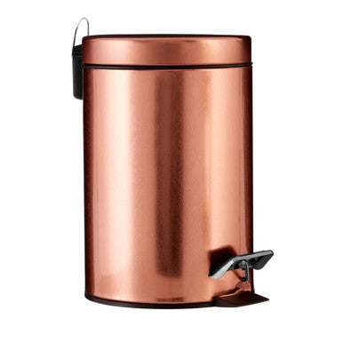 Copper-colored trash can with a step pedal on a white background