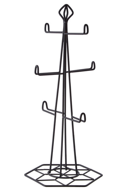 Black metal jewelry stand with multiple hooks on a white background