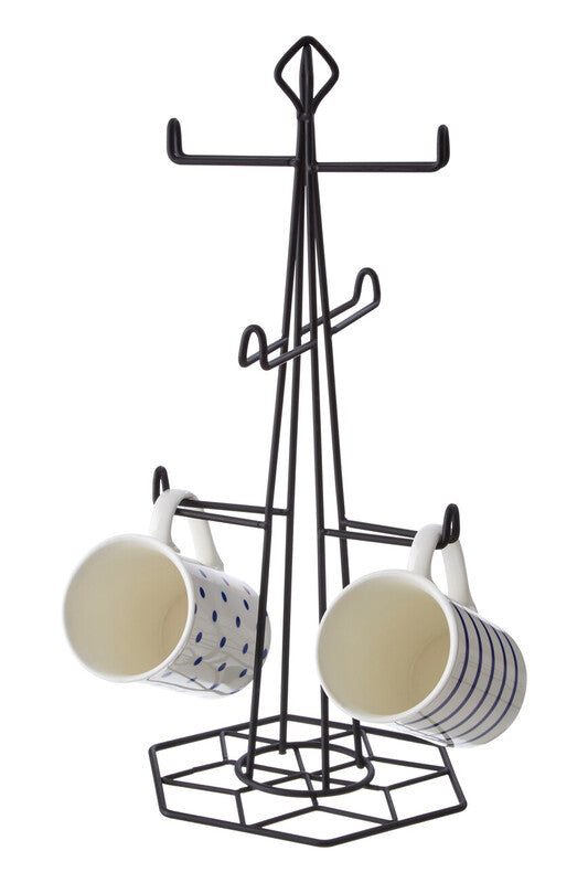 Black mug tree with two mugs on a white background