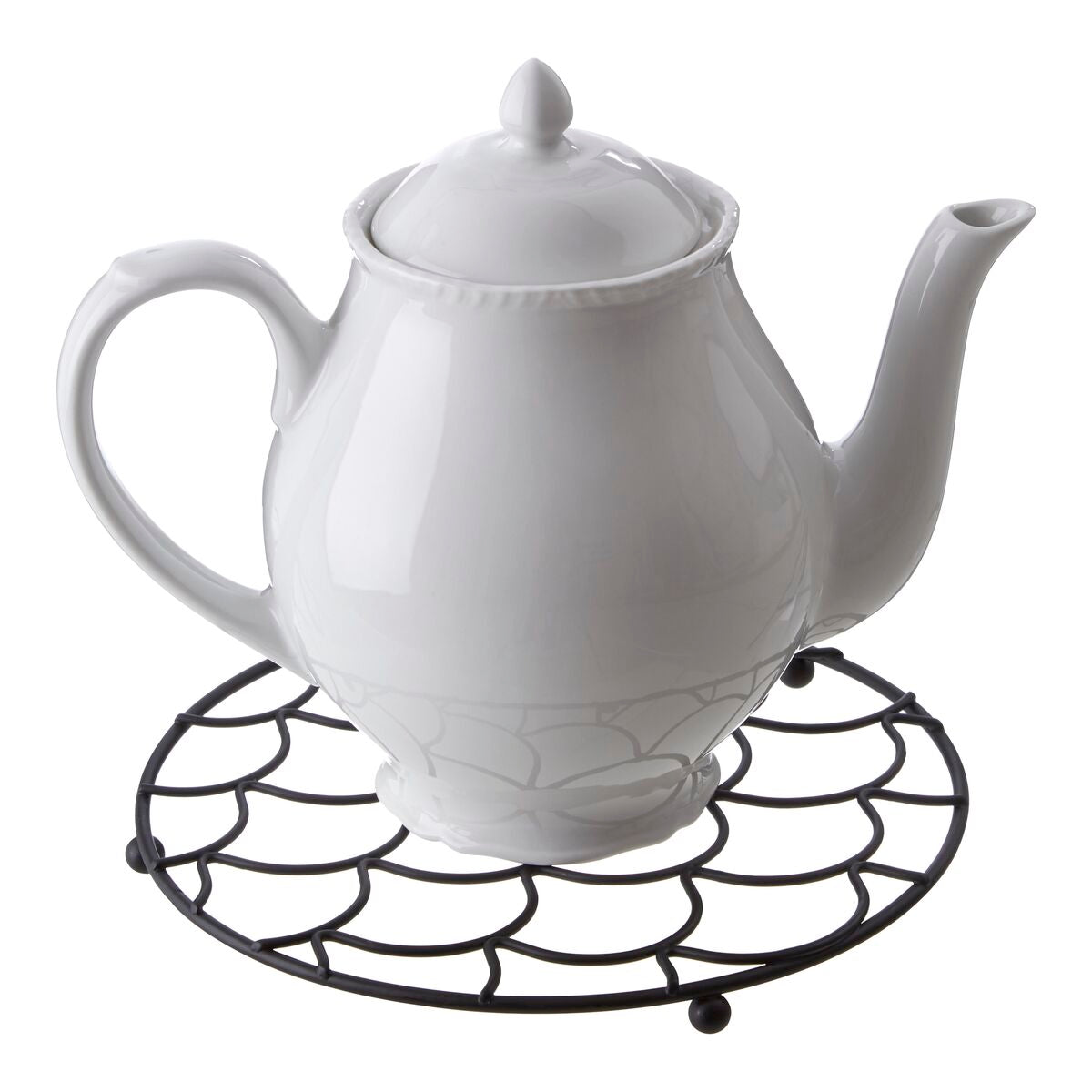 White teapot on a black decorative stand against a white background