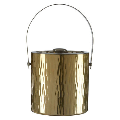 Gold metallic ice bucket with a handle on a white background