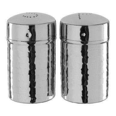 Two silver salt and pepper shakers on a white background
