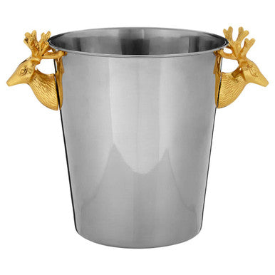 Silver wine cooler with gold deer handles on a white background