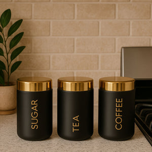 Set of 3 Black Enamel Tea Coffee and Sugar Canisters | Liberty