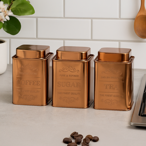 Set of 3 Copper Finish Tea Coffee and Sugar Storage Canisters | Chai