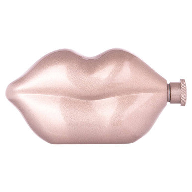 Metallic pink lip-shaped flask on a white background