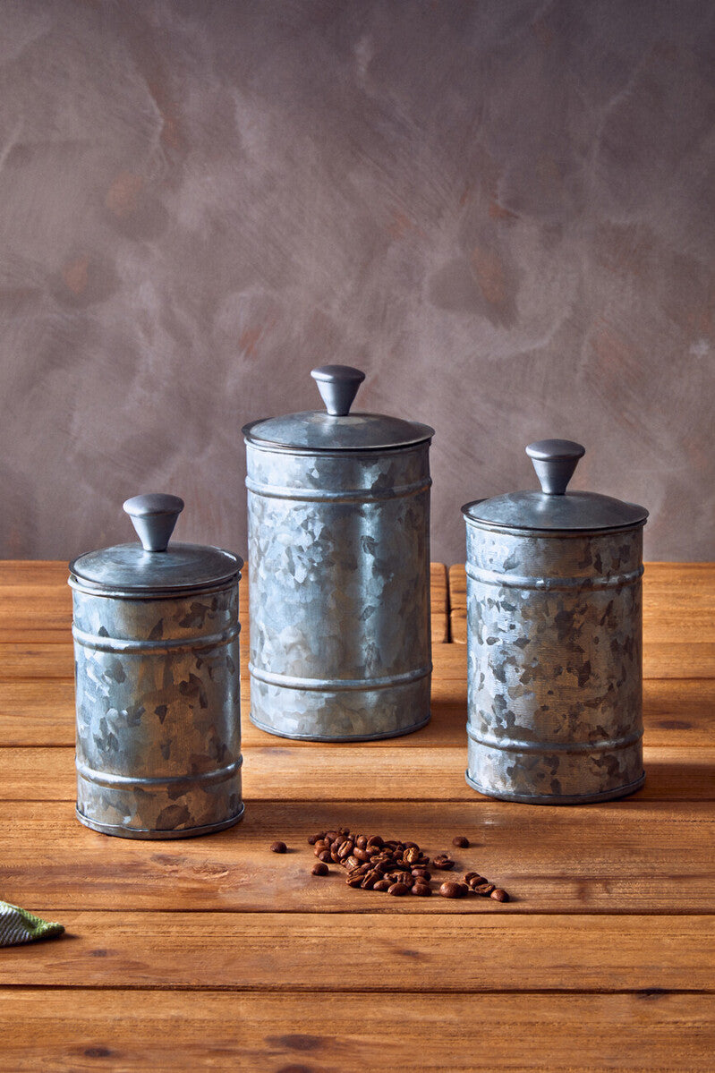 Drummond Set Of Three Galvanised Steel Canisters