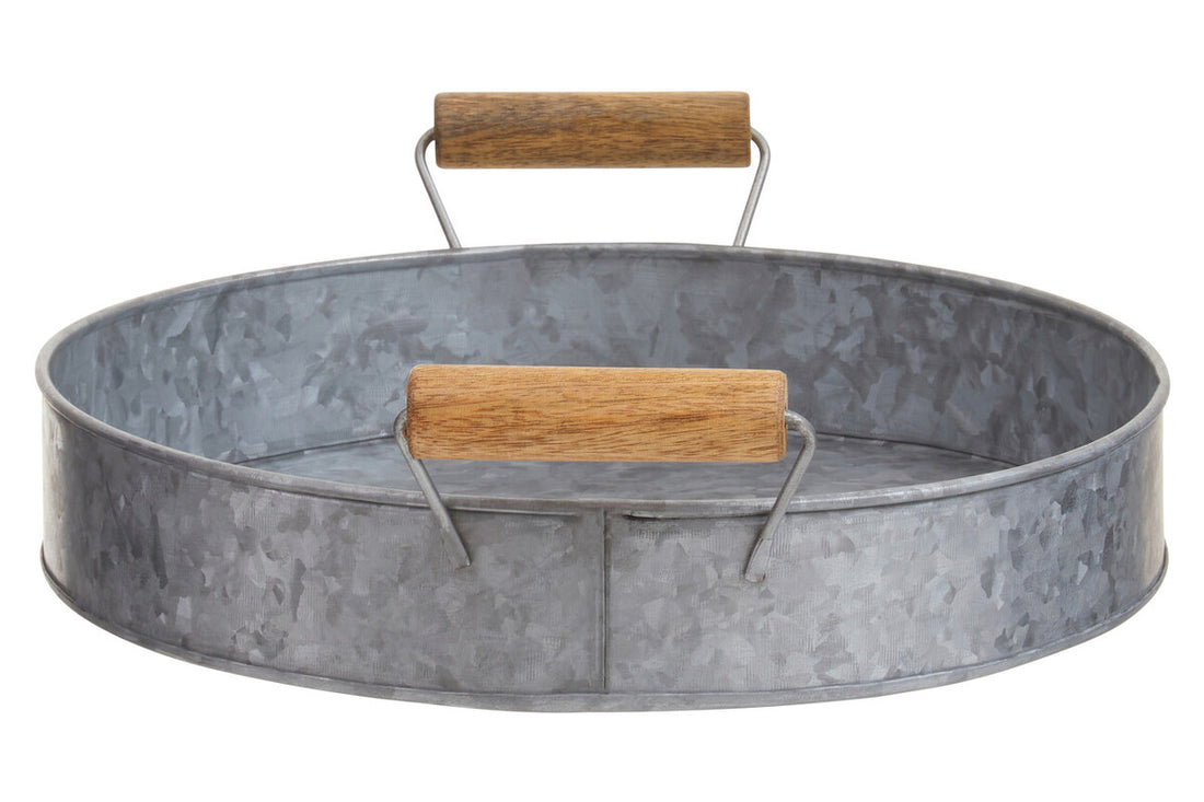 Drummond Round Galvanised Steel Tray With Wood Handles