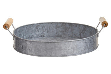 Drummond Galvanised Steel Round Tray With Wood Handles