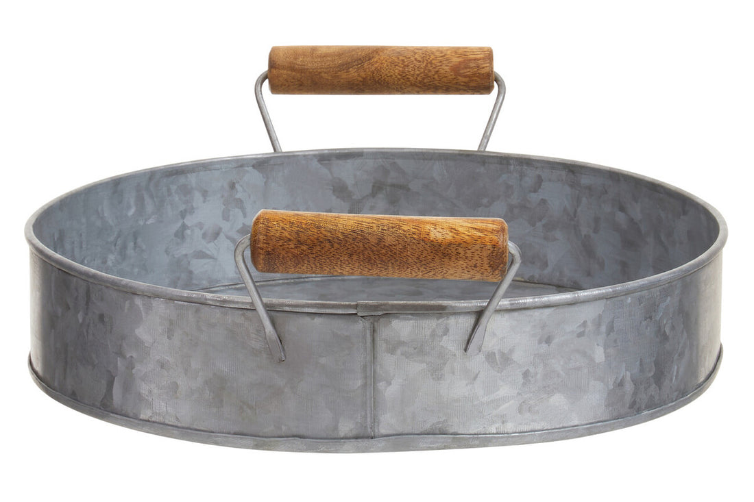 Drummond Galvanised Steel Round Tray With Wood Handles