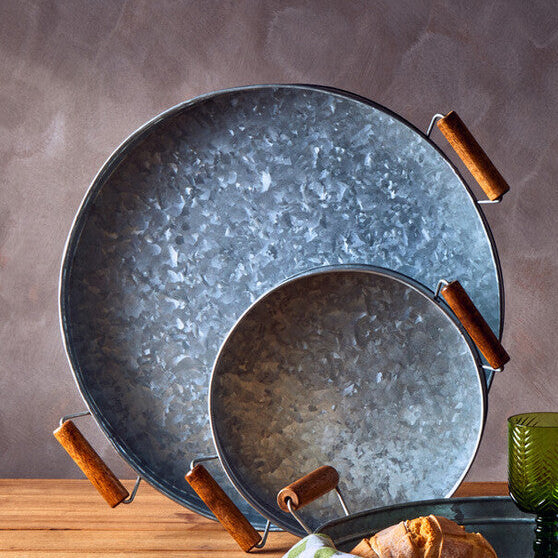 Drummond Galvanised Steel Round Tray With Wood Handles