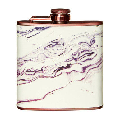 Marble-patterned flask with copper accents on a white background