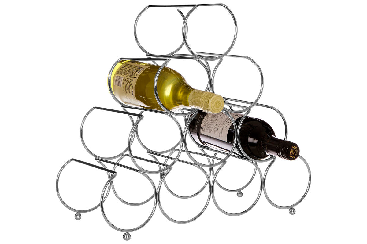 Metal wine rack holding two bottles of wine on a white background