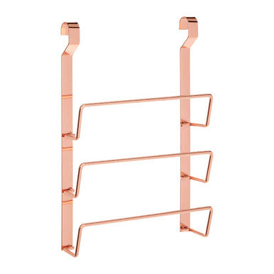 Rose gold over-the-door shoe rack on a white background