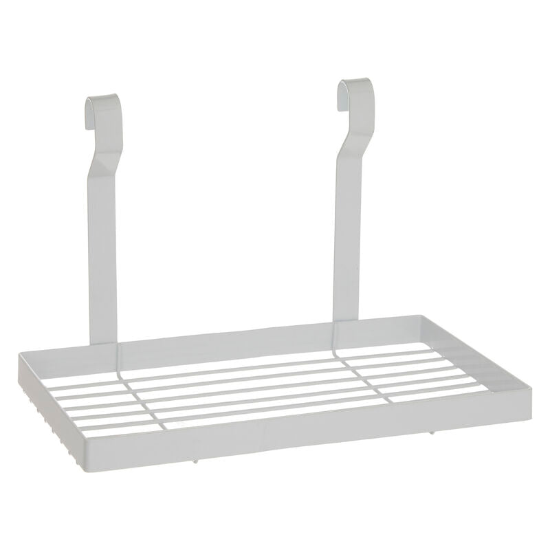 White metal over-the-door shoe rack with two hooks on a white background