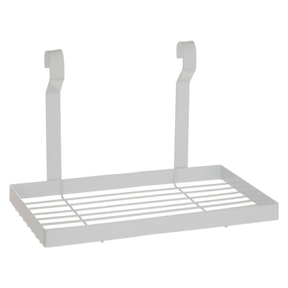 White metal over-the-door shoe rack with two hooks on a white background